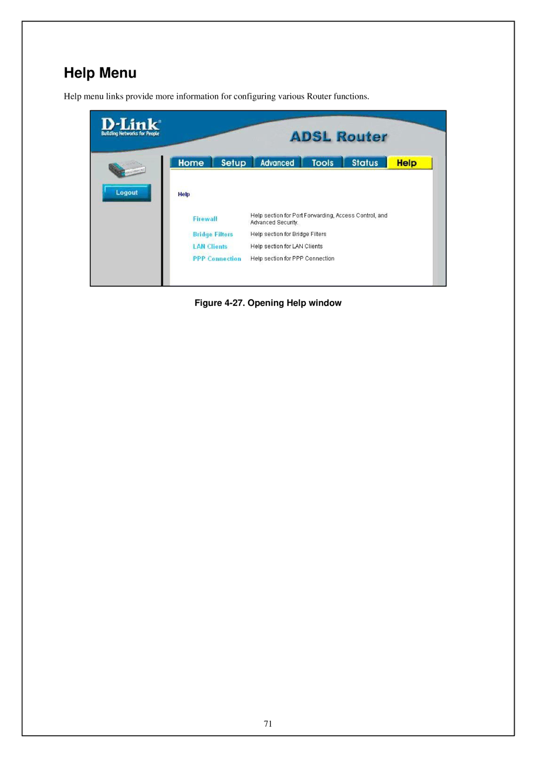 D-Link DSL-G664T manual Help Menu, Opening Help window 