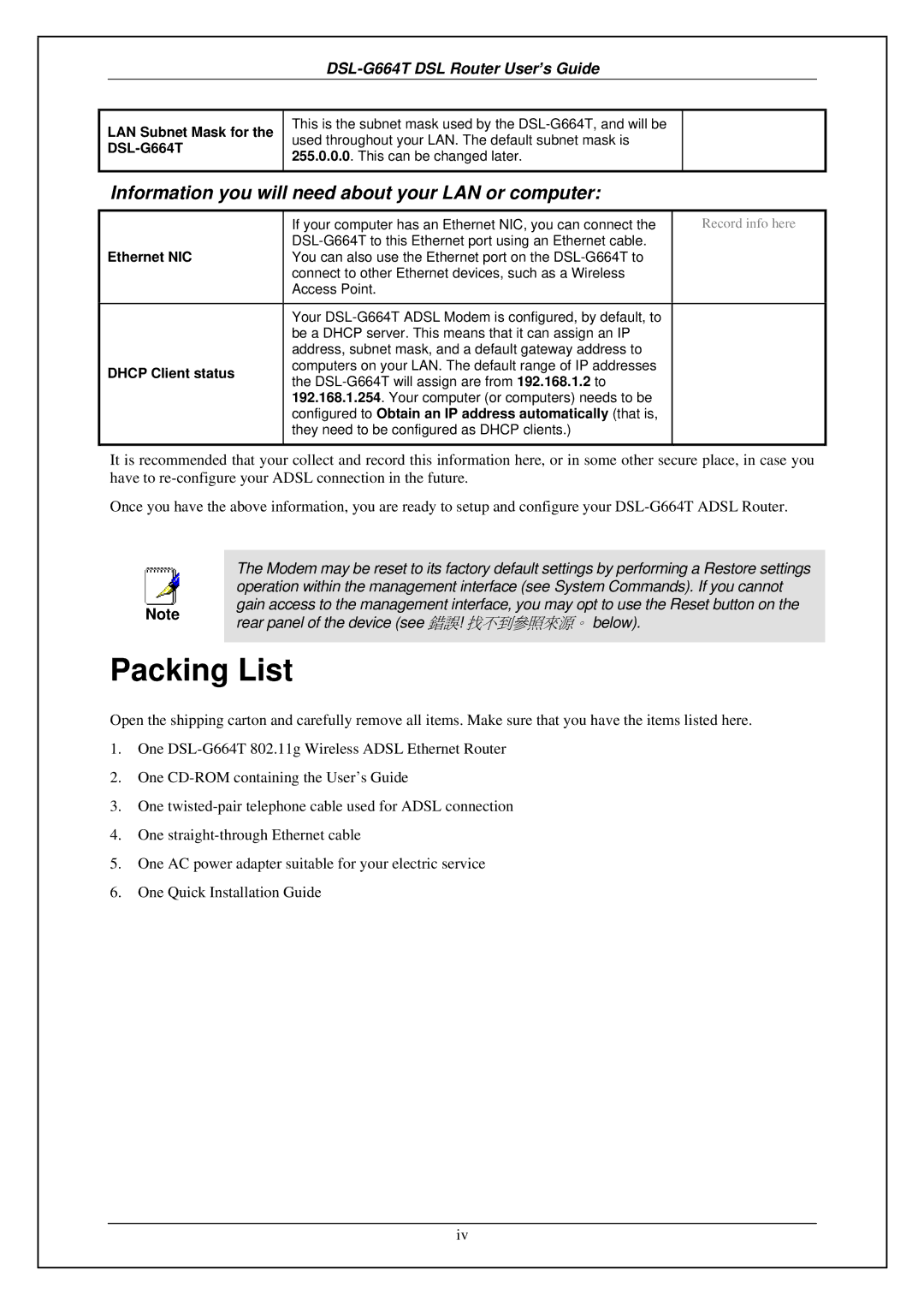 D-Link manual Packing List, LAN Subnet Mask for the DSL-G664T 