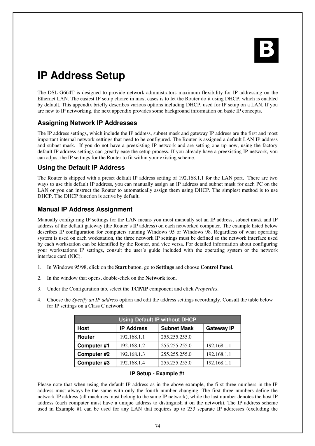 D-Link DSL-G664T manual IP Address Setup, Assigning Network IP Addresses, Using the Default IP Address 