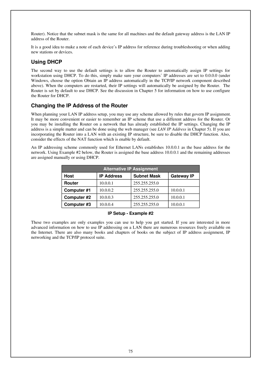 D-Link DSL-G664T manual Using Dhcp, Changing the IP Address of the Router, IP Setup Example #2 