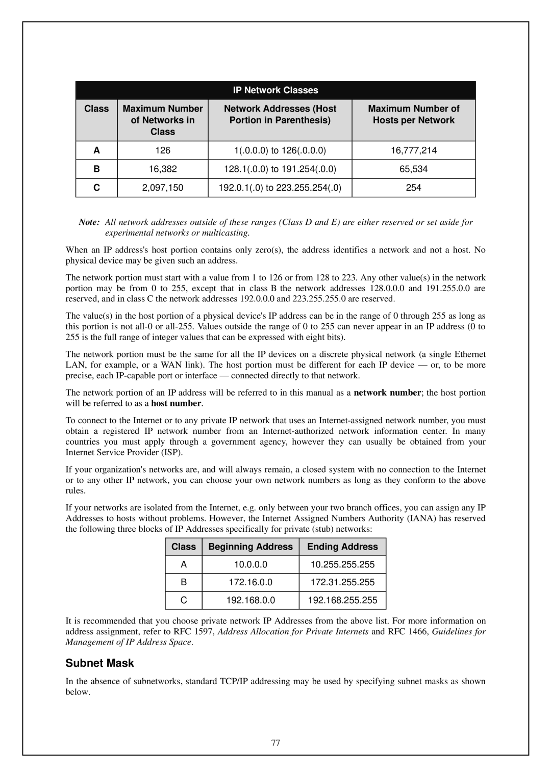 D-Link DSL-G664T manual Subnet Mask, Class Beginning Address Ending Address 