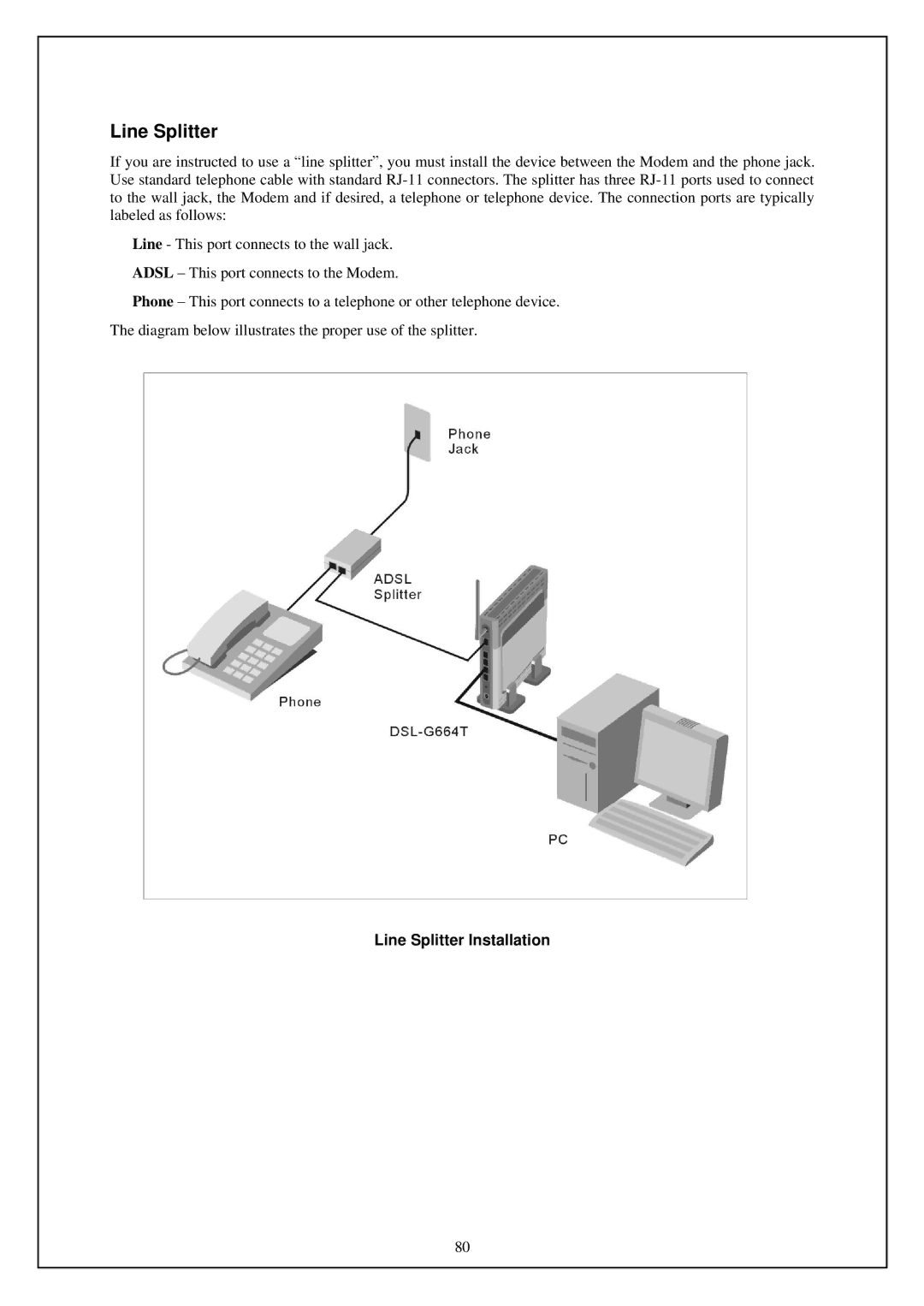 D-Link DSL-G664T manual Line Splitter Installation 