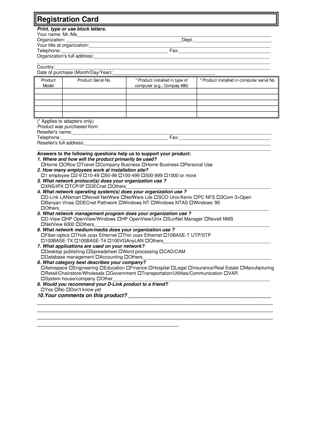 D-Link DSL524T manual Registration Card, Print, type or use block letters 