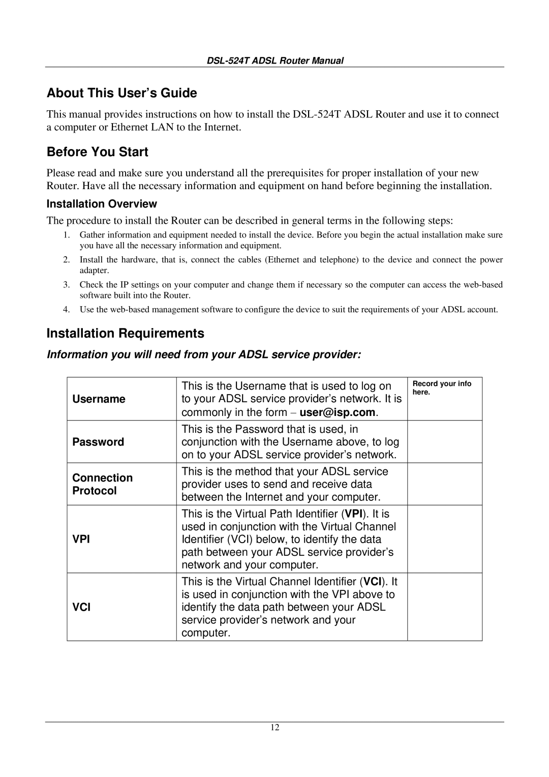 D-Link DSL524T manual About This User’s Guide, Before You Start, Installation Requirements 