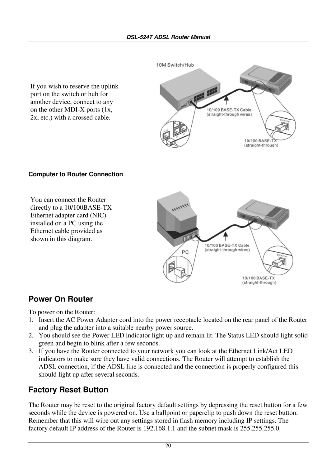 D-Link DSL524T manual Power On Router, Factory Reset Button 