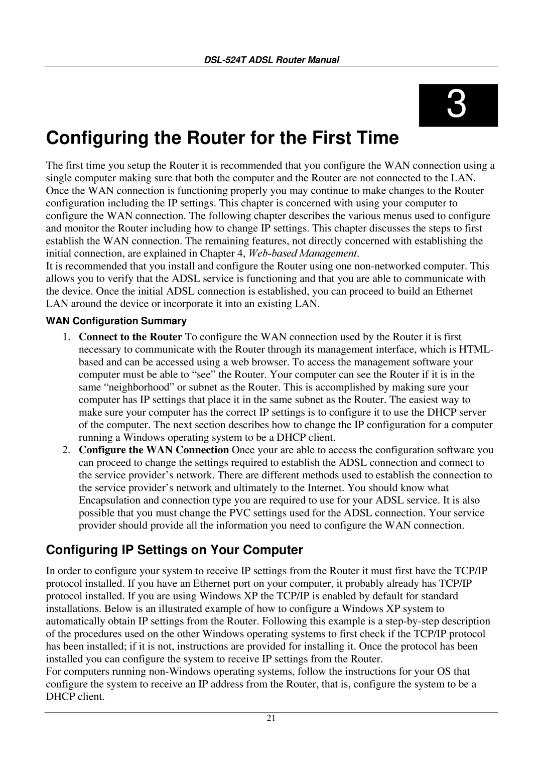 D-Link DSL524T manual Configuring the Router for the First Time, Configuring IP Settings on Your Computer 