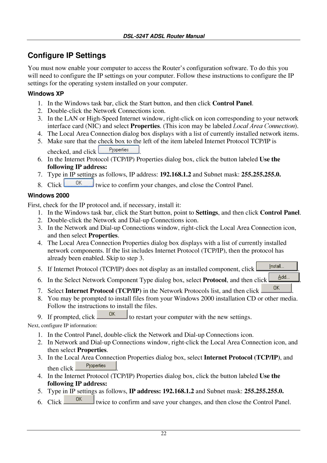 D-Link DSL524T manual Configure IP Settings 