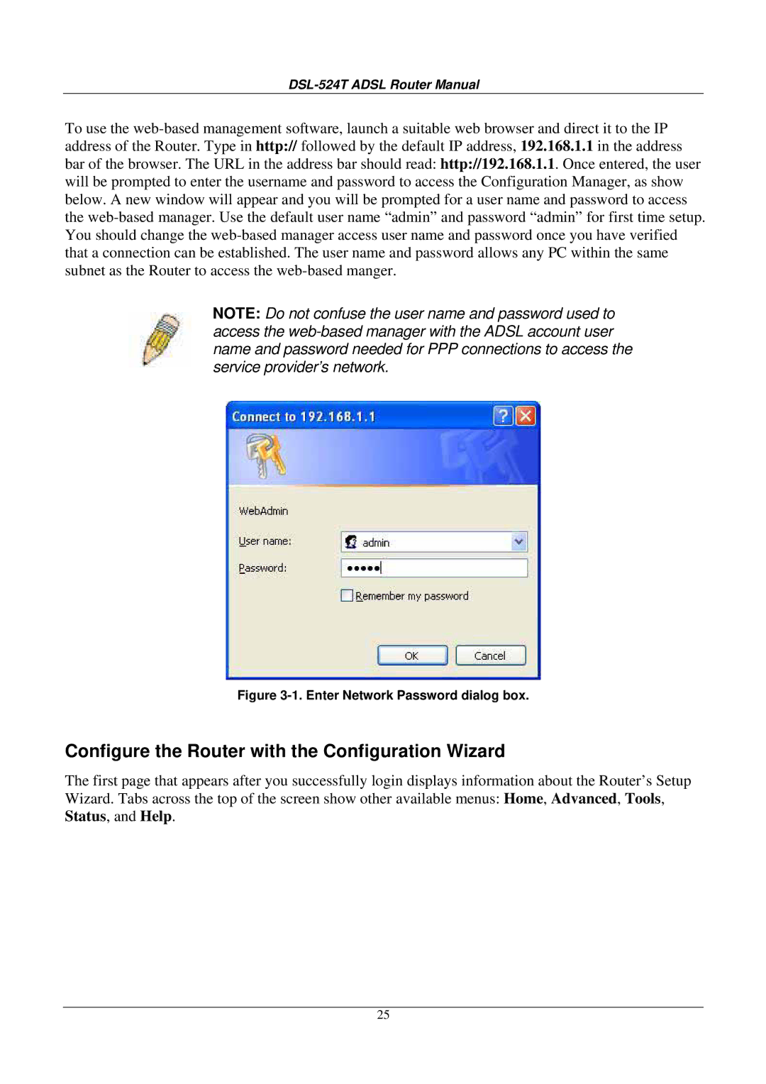 D-Link DSL524T manual Configure the Router with the Configuration Wizard, Enter Network Password dialog box 