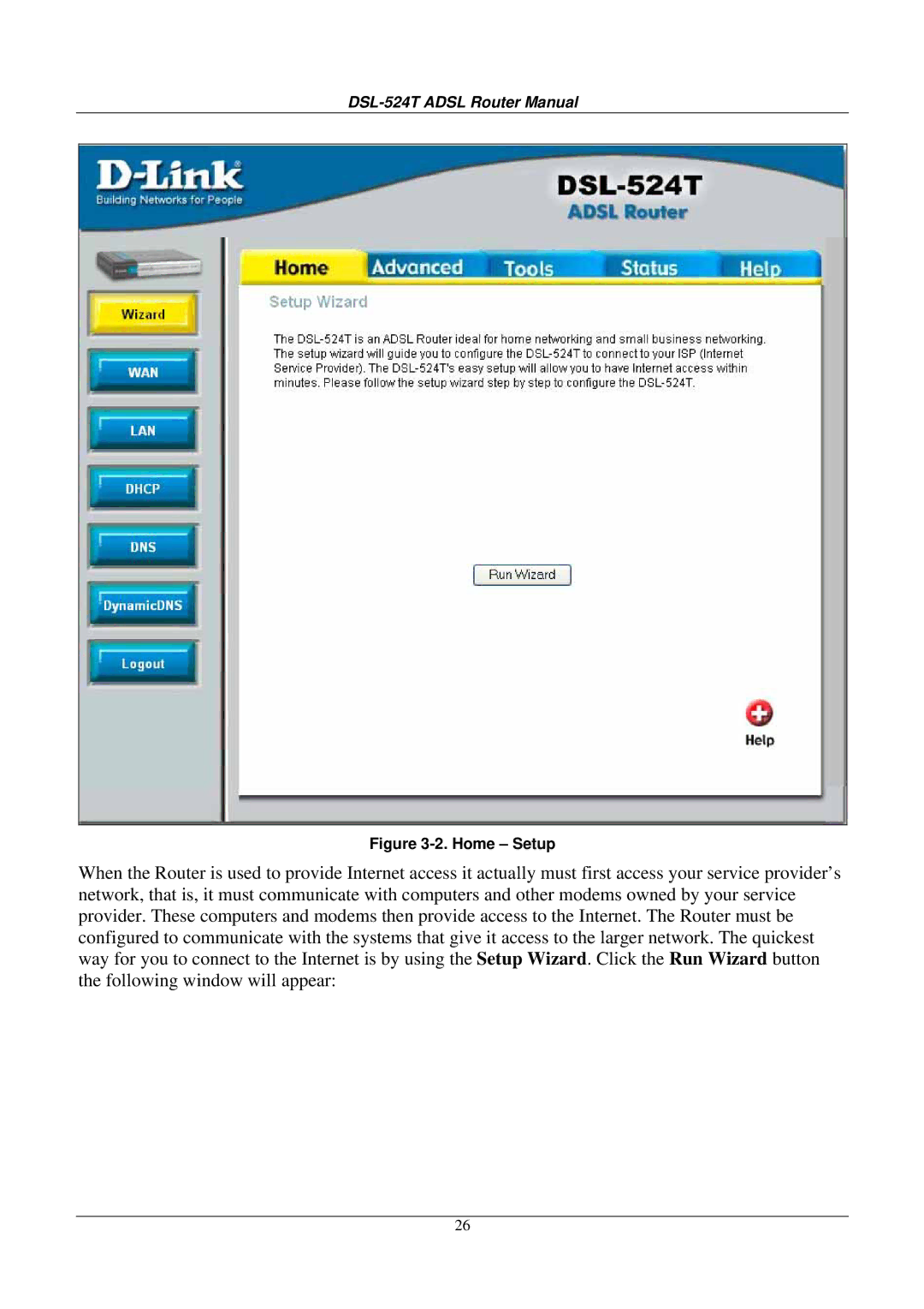 D-Link DSL524T manual Home Setup 