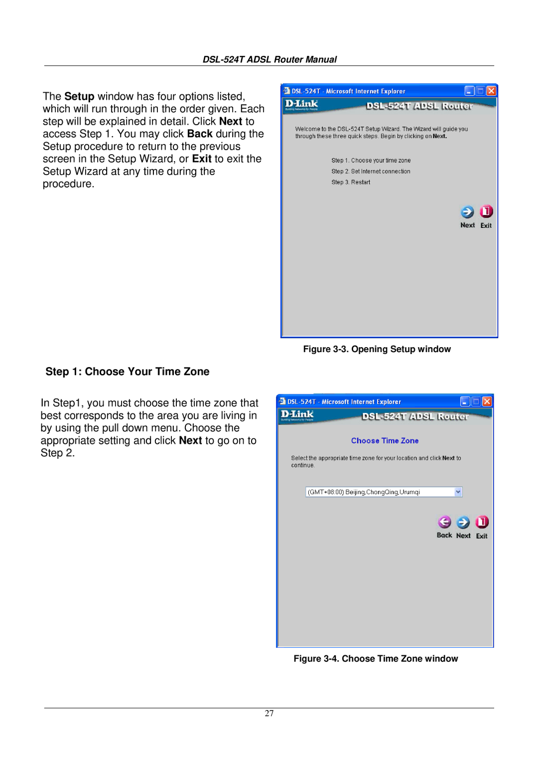 D-Link DSL524T manual Choose Your Time Zone, Opening Setup window 