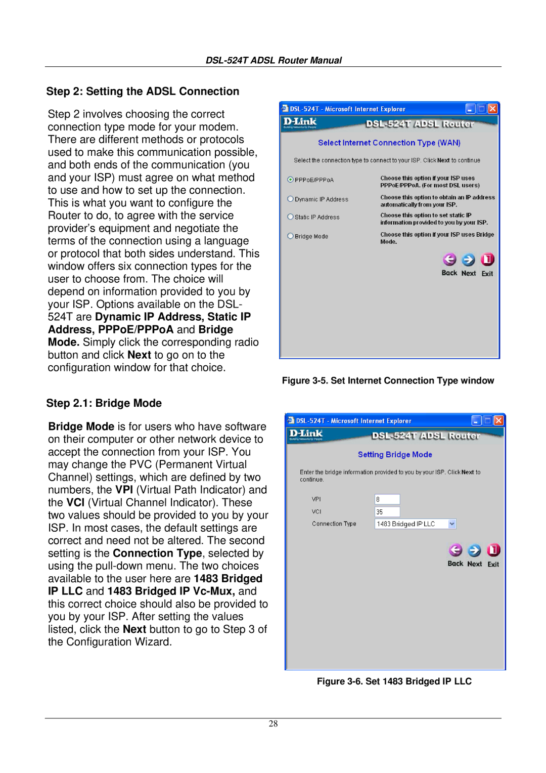 D-Link DSL524T manual Setting the Adsl Connection, Bridge Mode 