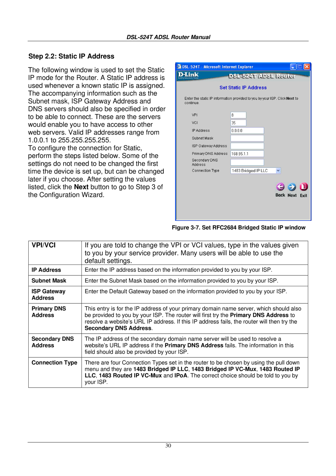 D-Link DSL524T manual Static IP Address, Vpi/Vci 