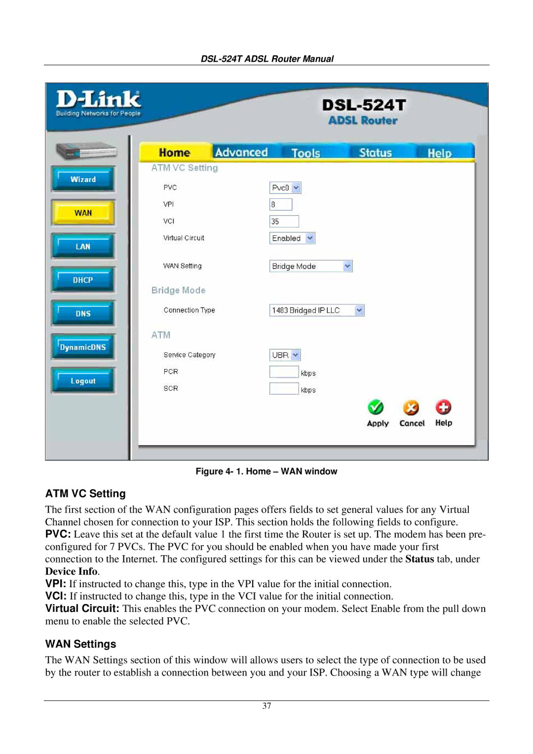 D-Link DSL524T manual ATM VC Setting, WAN Settings 