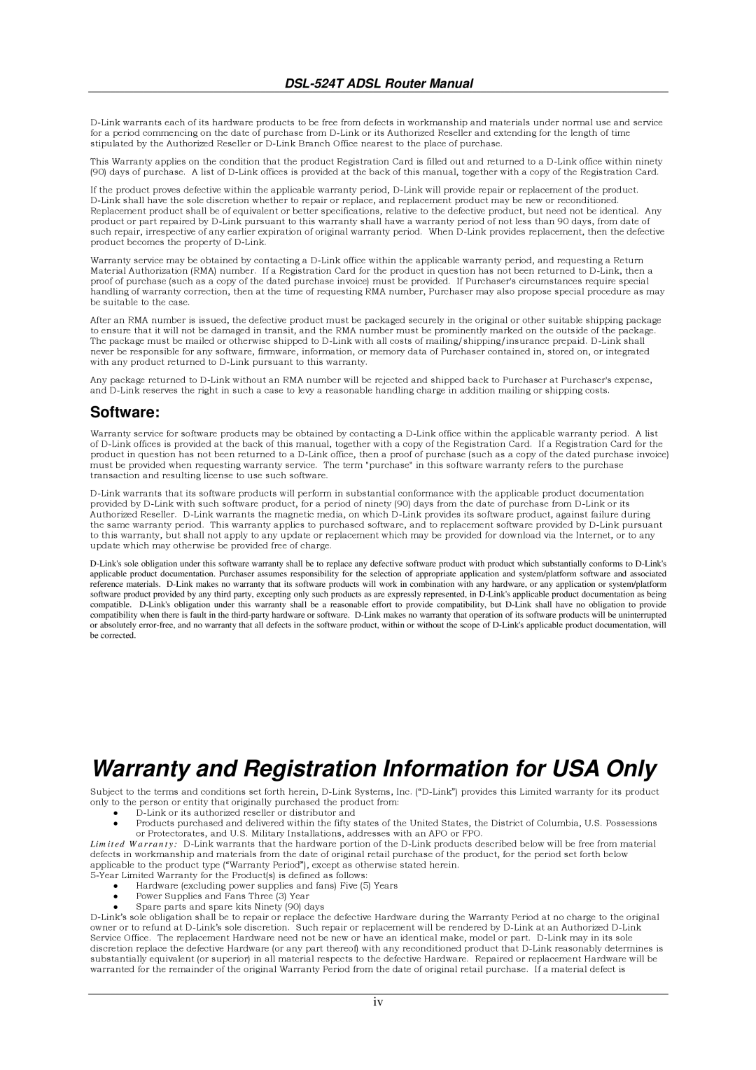 D-Link DSL524T manual Warranty and Registration Information for USA Only, Software 