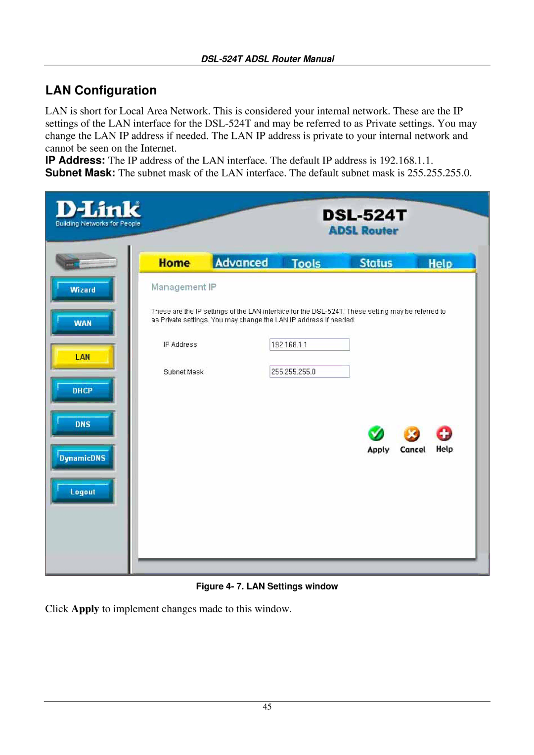 D-Link DSL524T manual LAN Configuration, LAN Settings window 