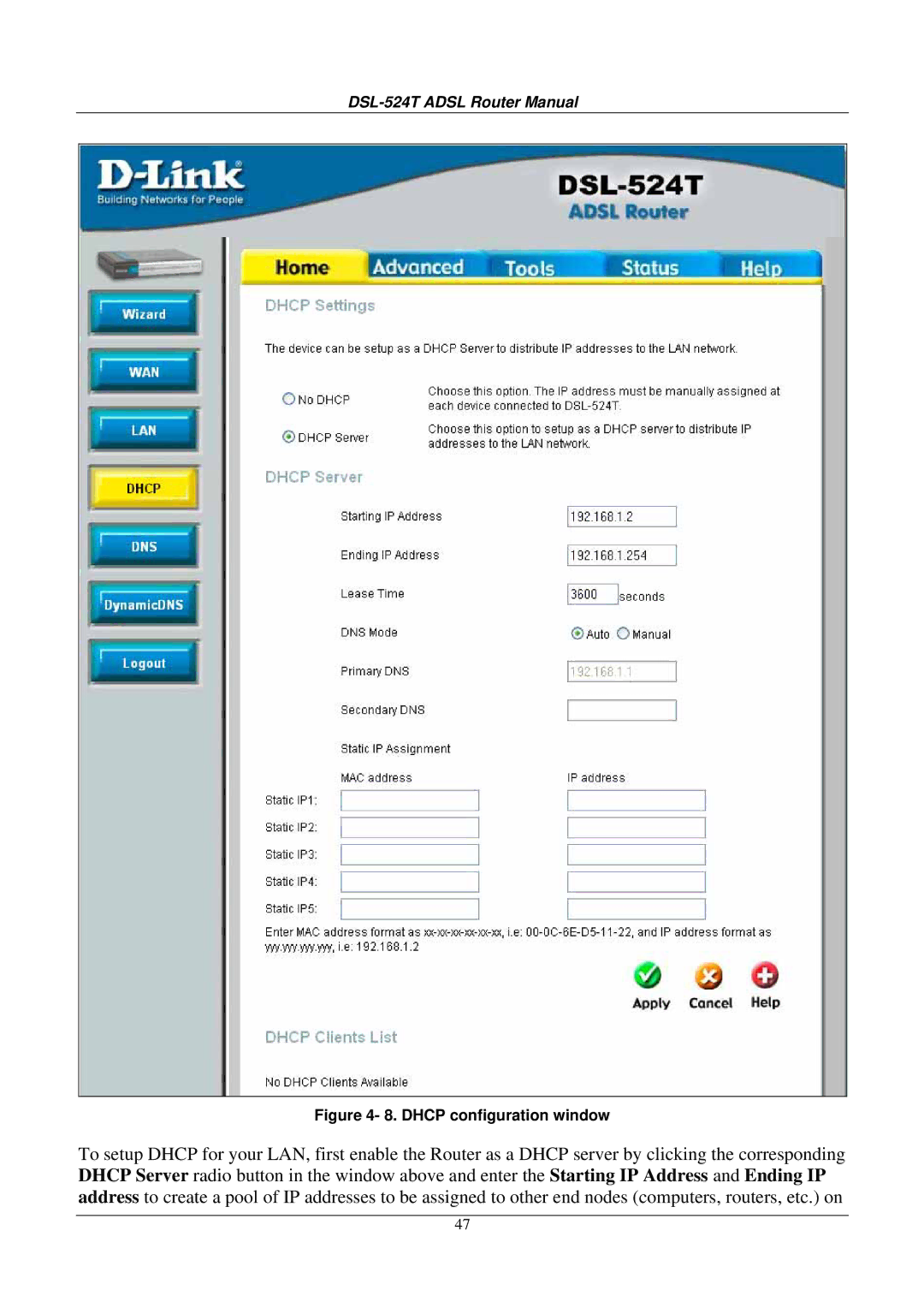 D-Link DSL524T manual Dhcp configuration window 