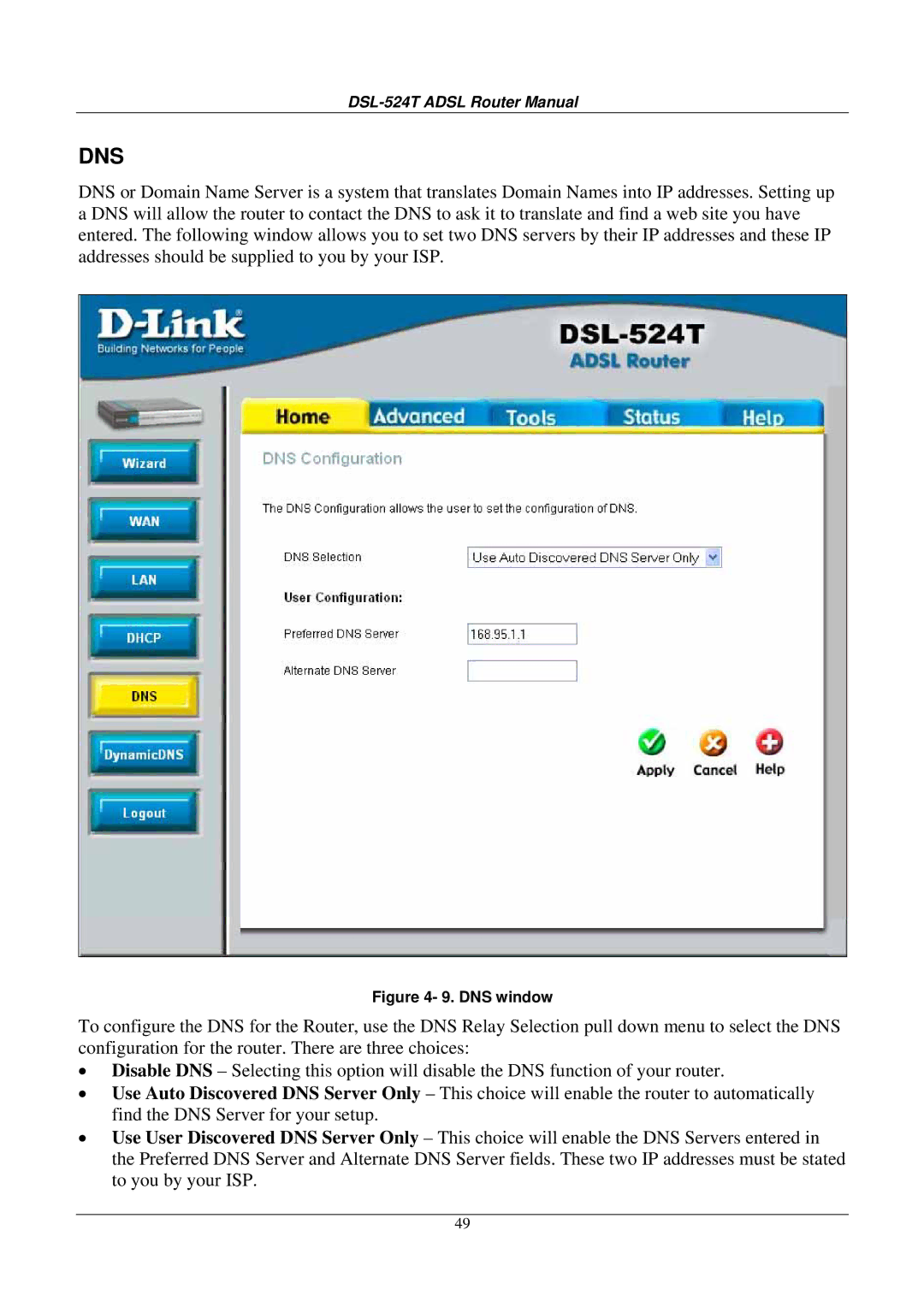 D-Link DSL524T manual Dns 