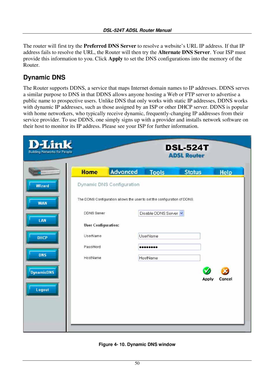 D-Link DSL524T manual Dynamic DNS window 