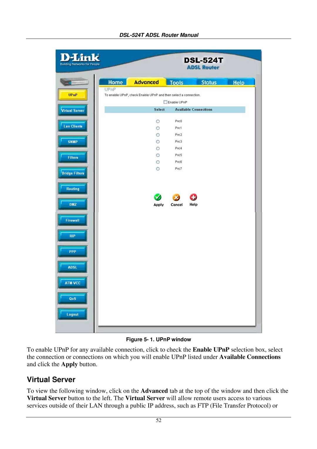 D-Link DSL524T manual Virtual Server, UPnP window 