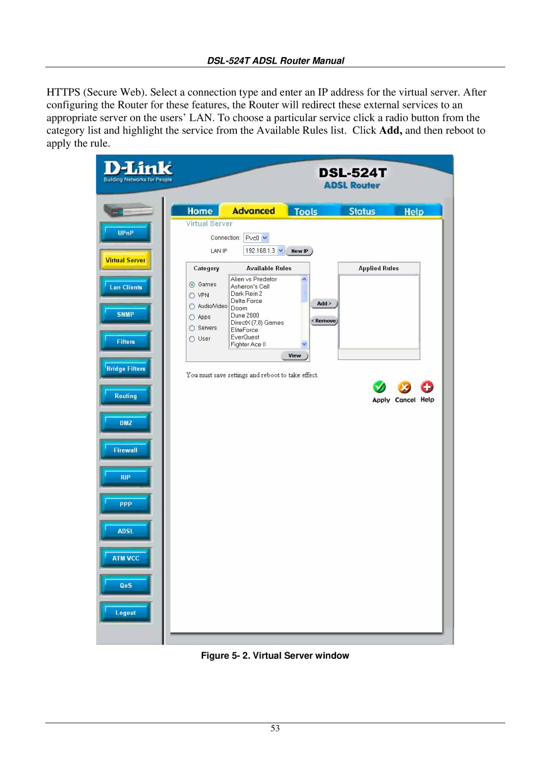 D-Link DSL524T manual Virtual Server window 