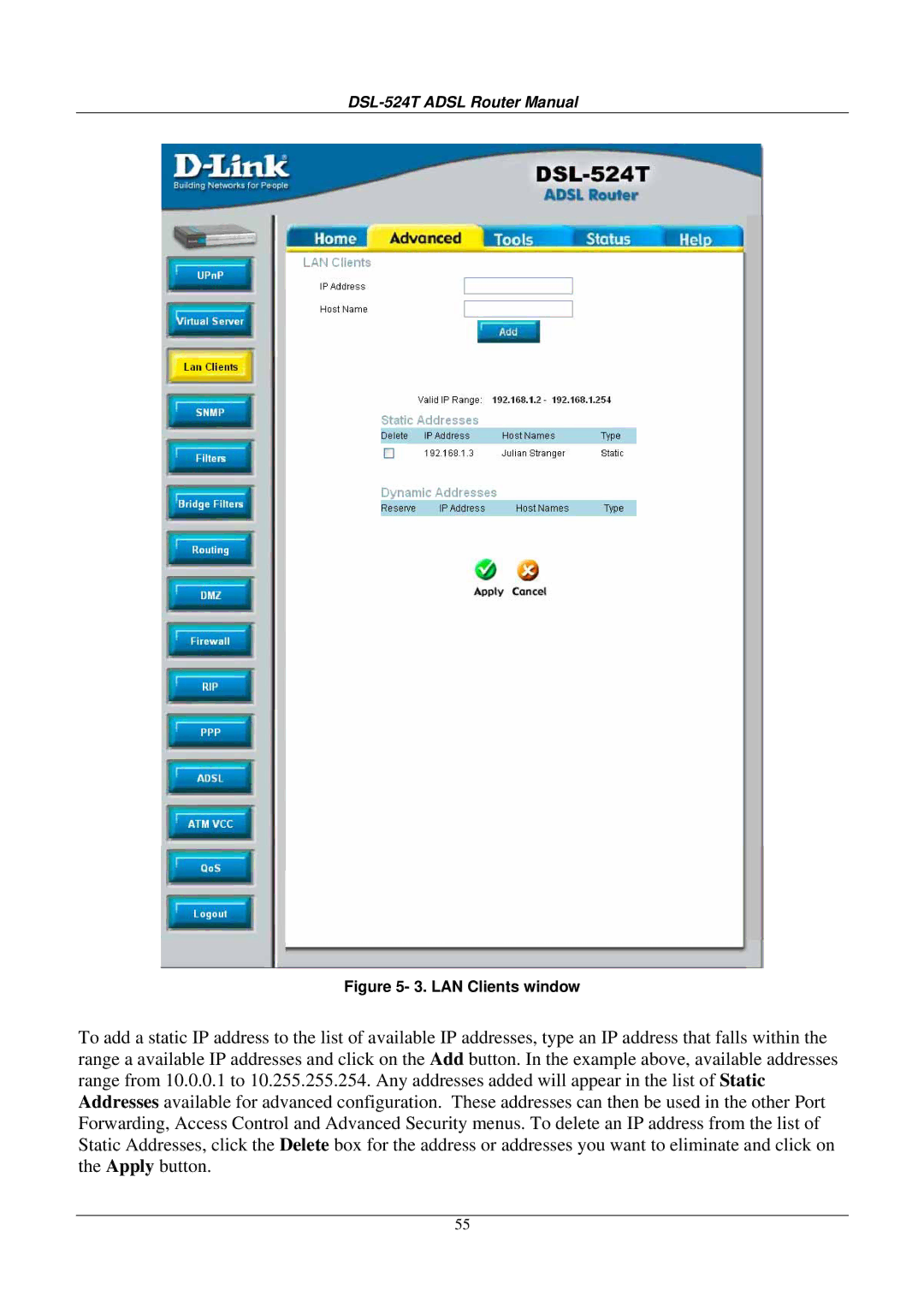 D-Link DSL524T manual LAN Clients window 