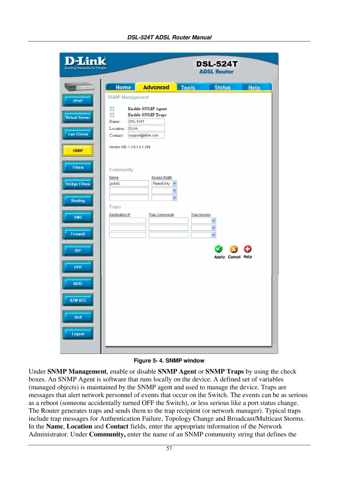 D-Link DSL524T manual Snmp window 