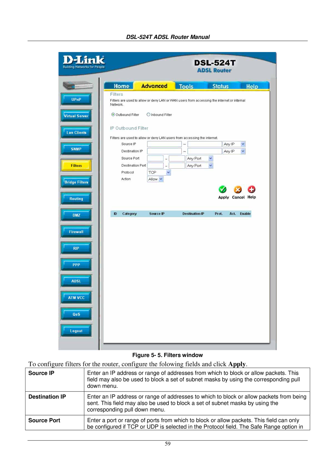 D-Link DSL524T manual Filters window 