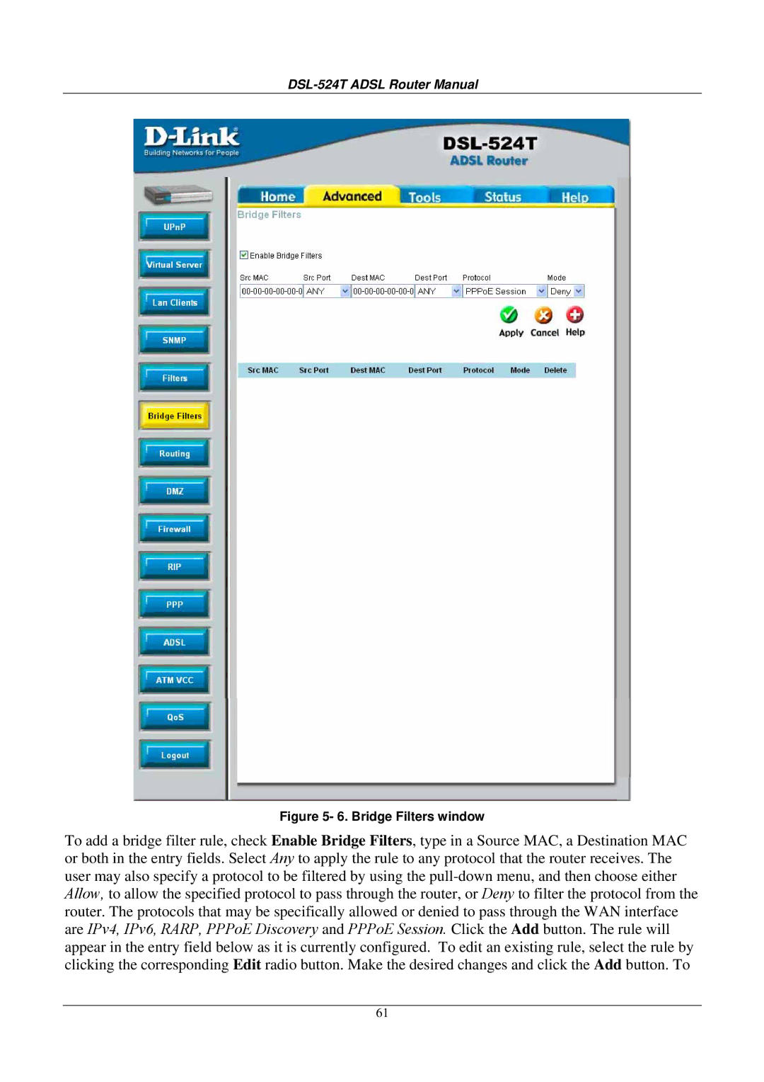 D-Link DSL524T manual Bridge Filters window 