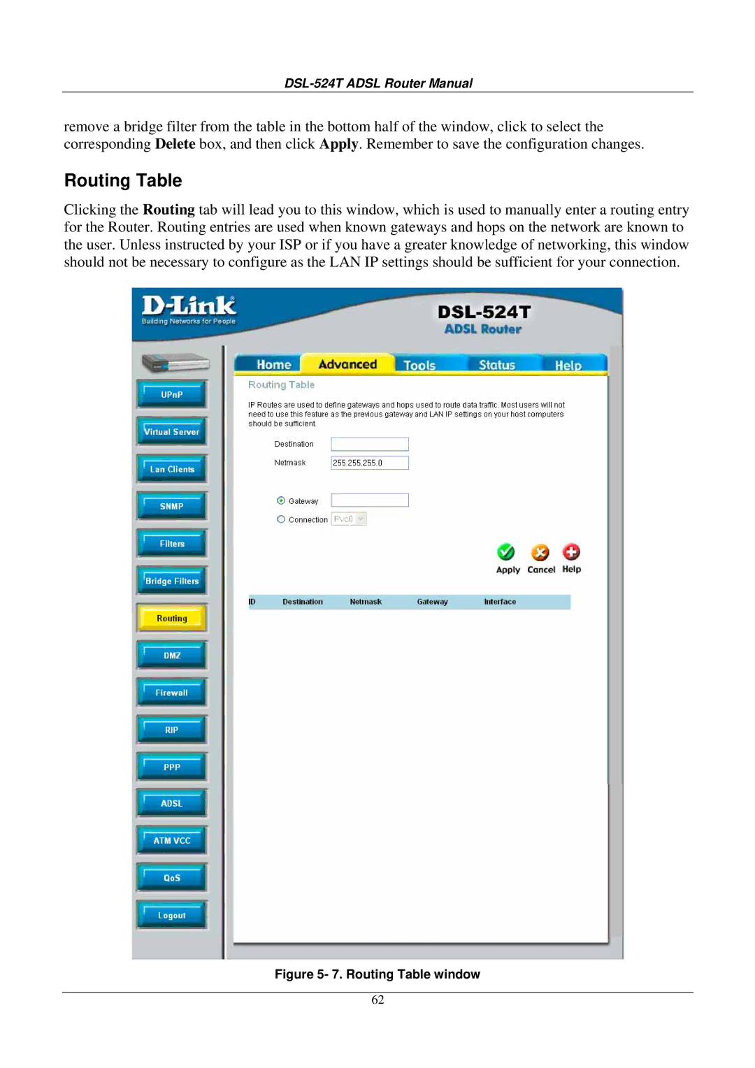 D-Link DSL524T manual Routing Table window 