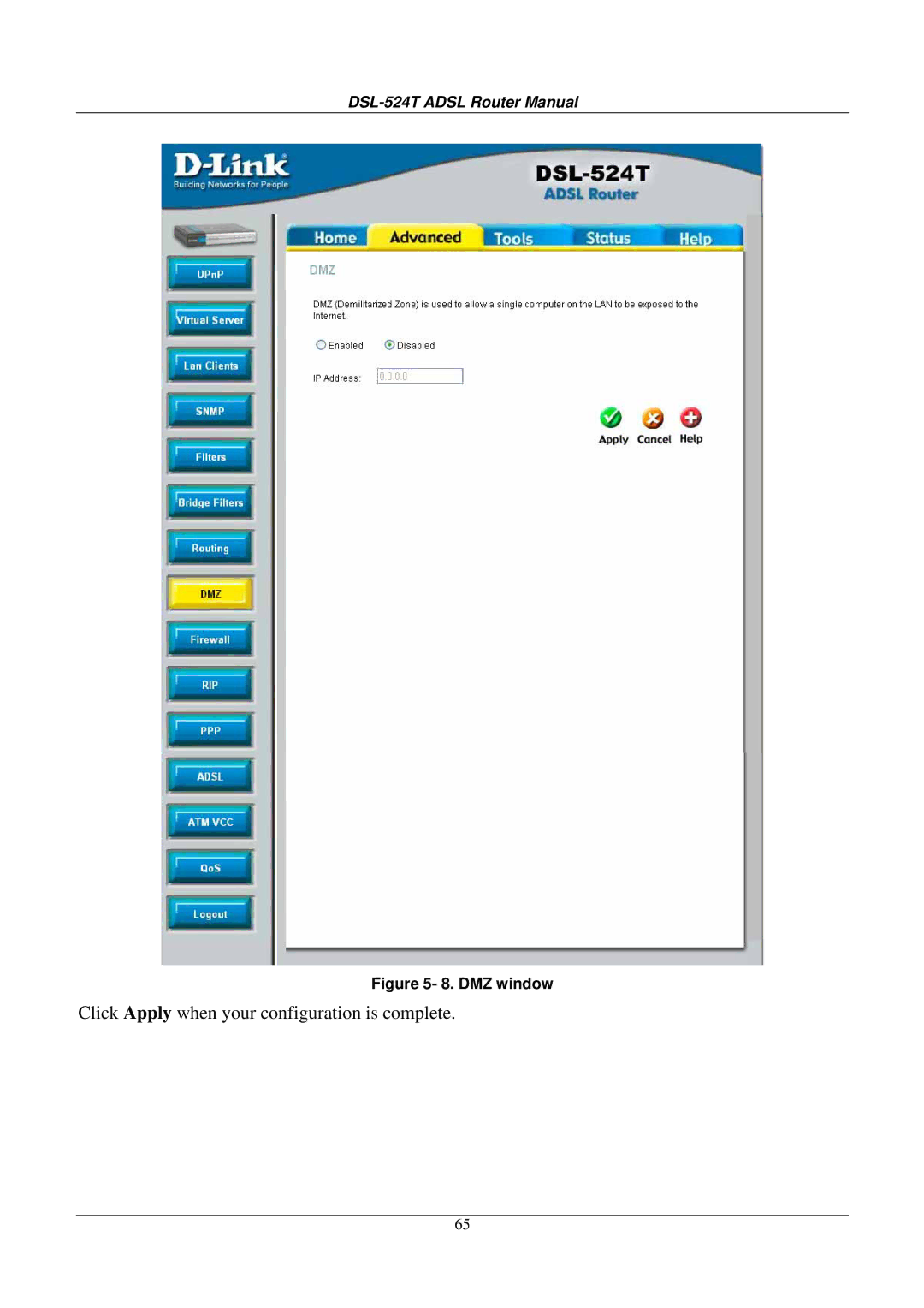 D-Link DSL524T manual Click Apply when your configuration is complete 