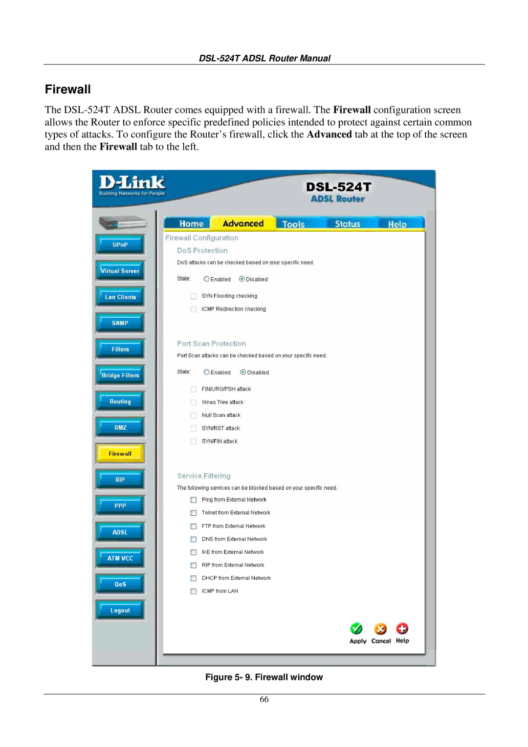 D-Link DSL524T manual Firewall window 