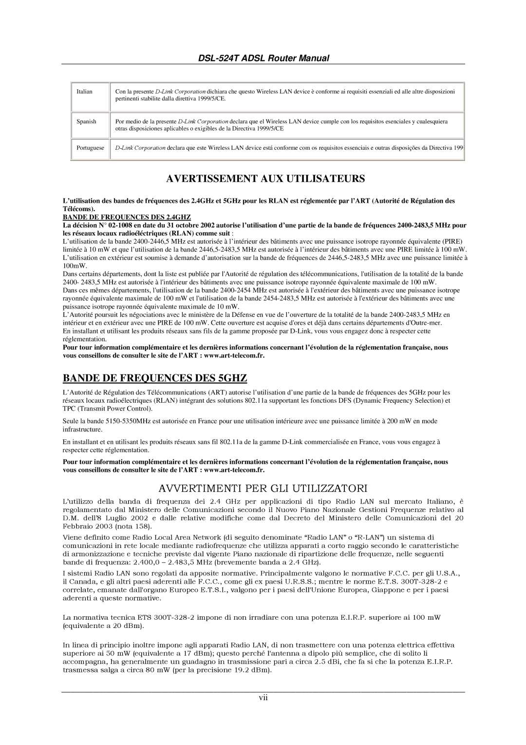 D-Link DSL524T manual Avertissement AUX Utilisateurs 