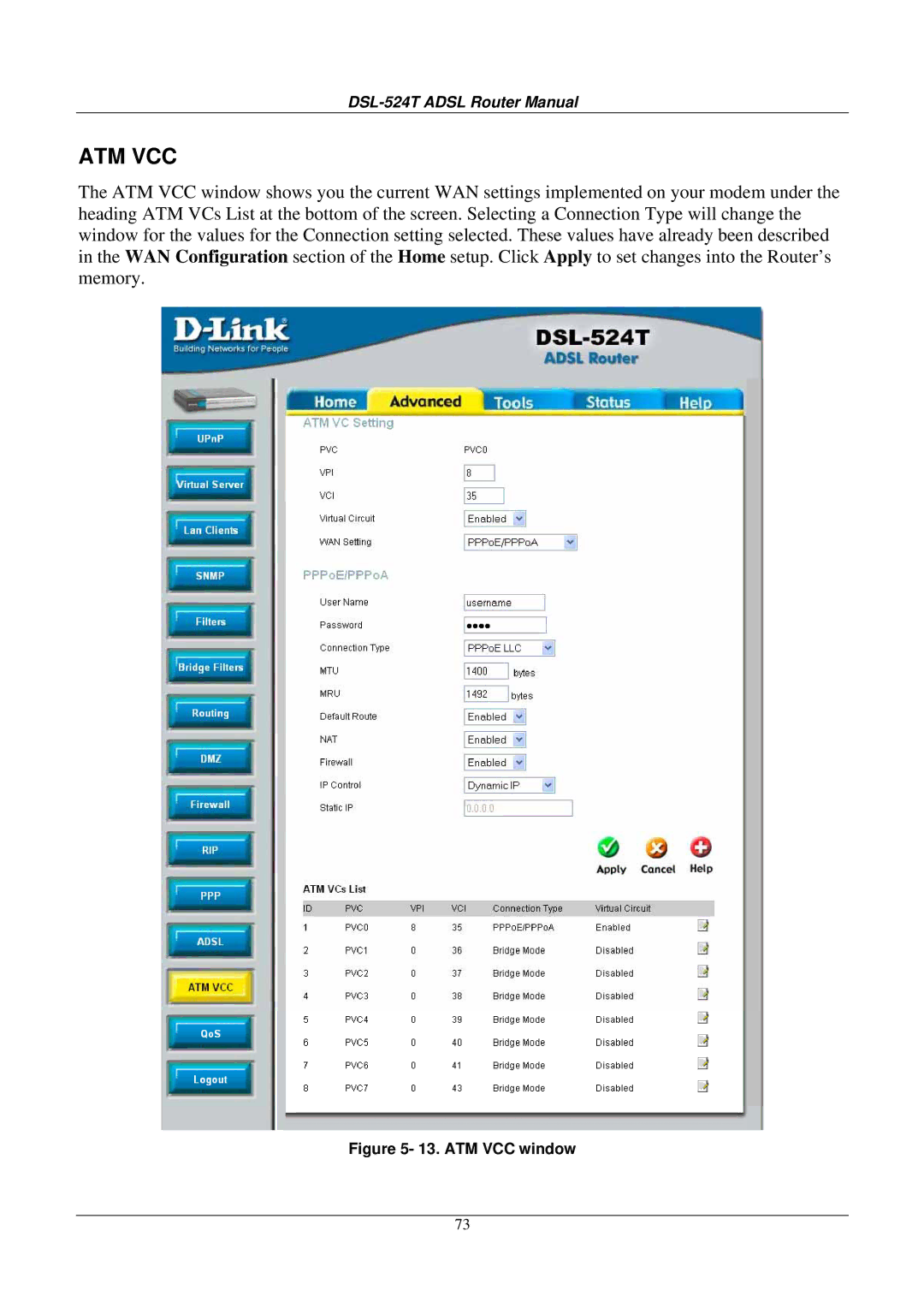 D-Link DSL524T manual Atm Vcc 