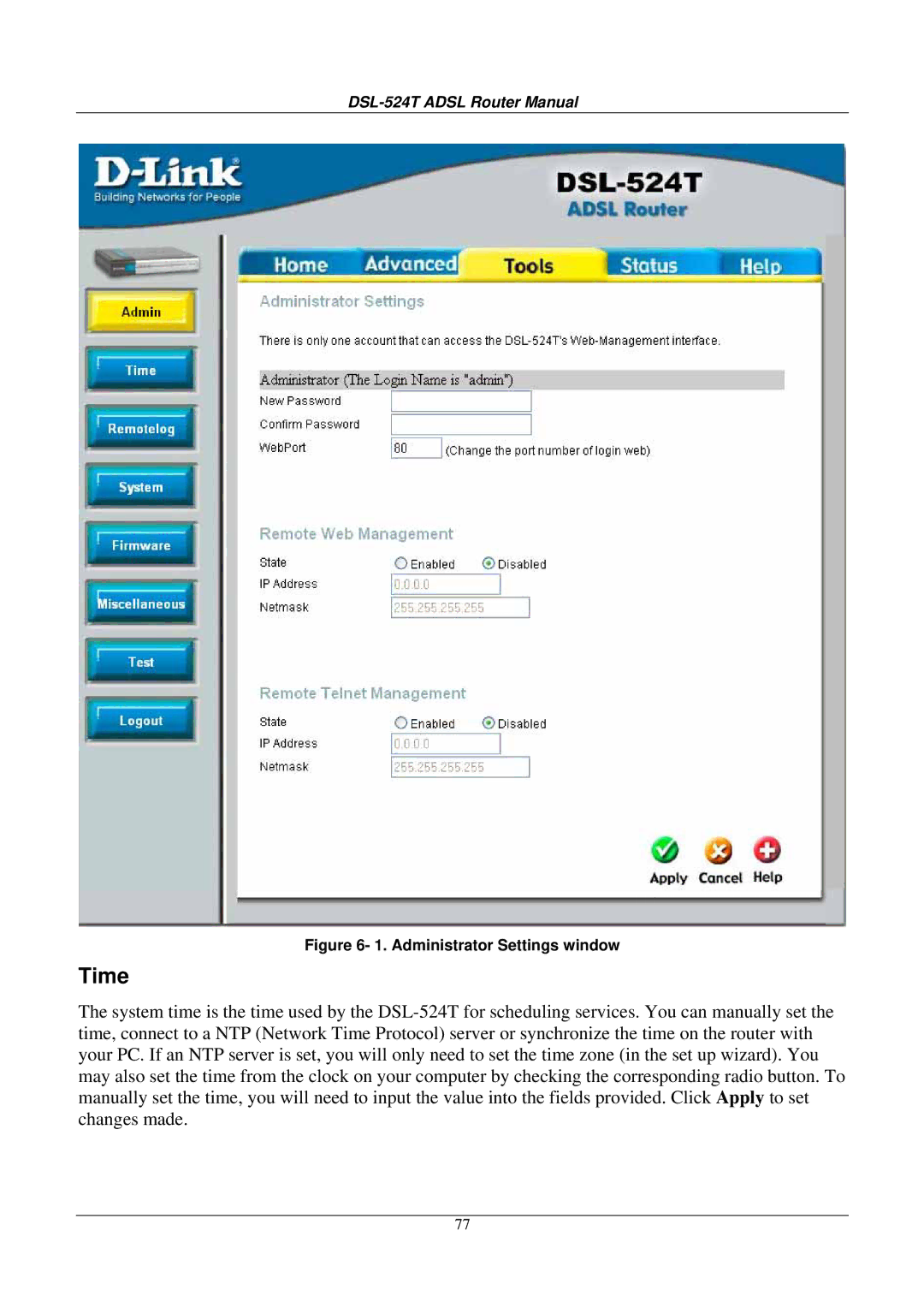 D-Link DSL524T manual Time, Administrator Settings window 