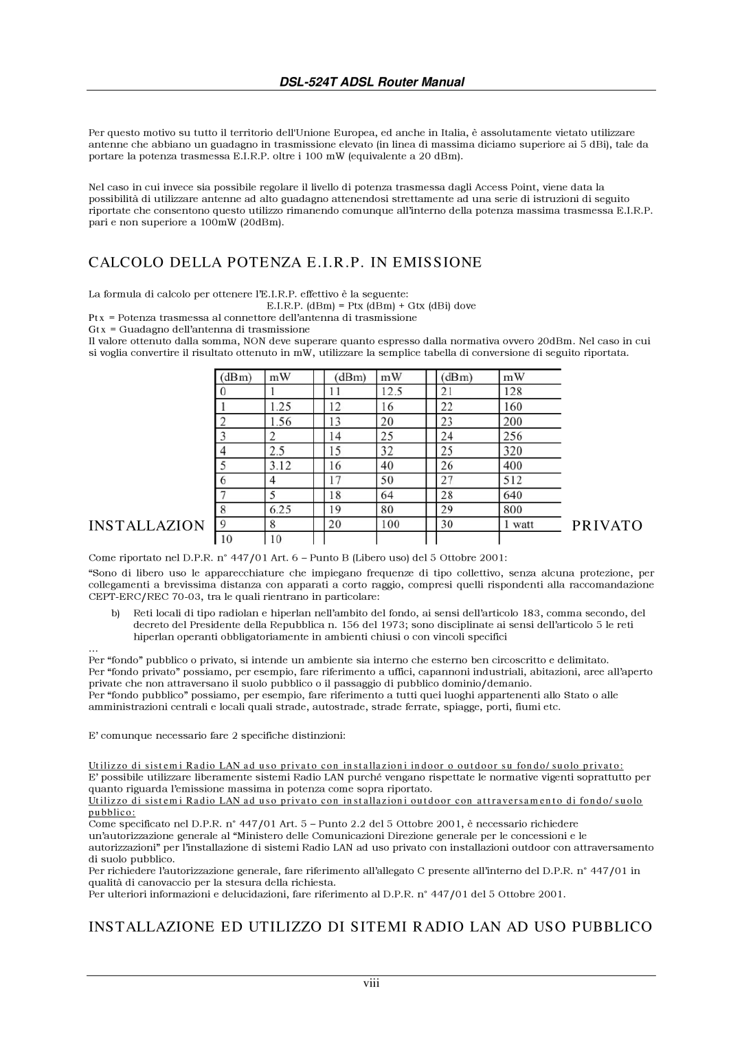 D-Link DSL524T manual Installazione ED Utilizzo DI Sitemi Radio LAN AD USO Privato 