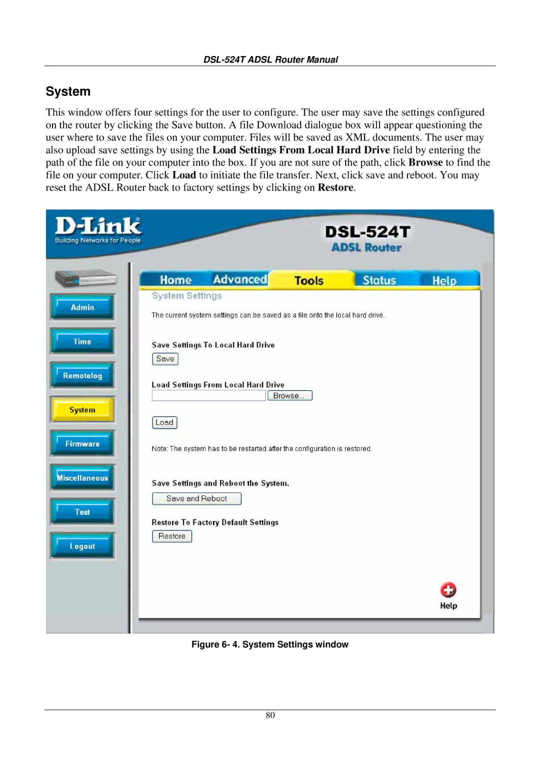 D-Link DSL524T manual System Settings window 