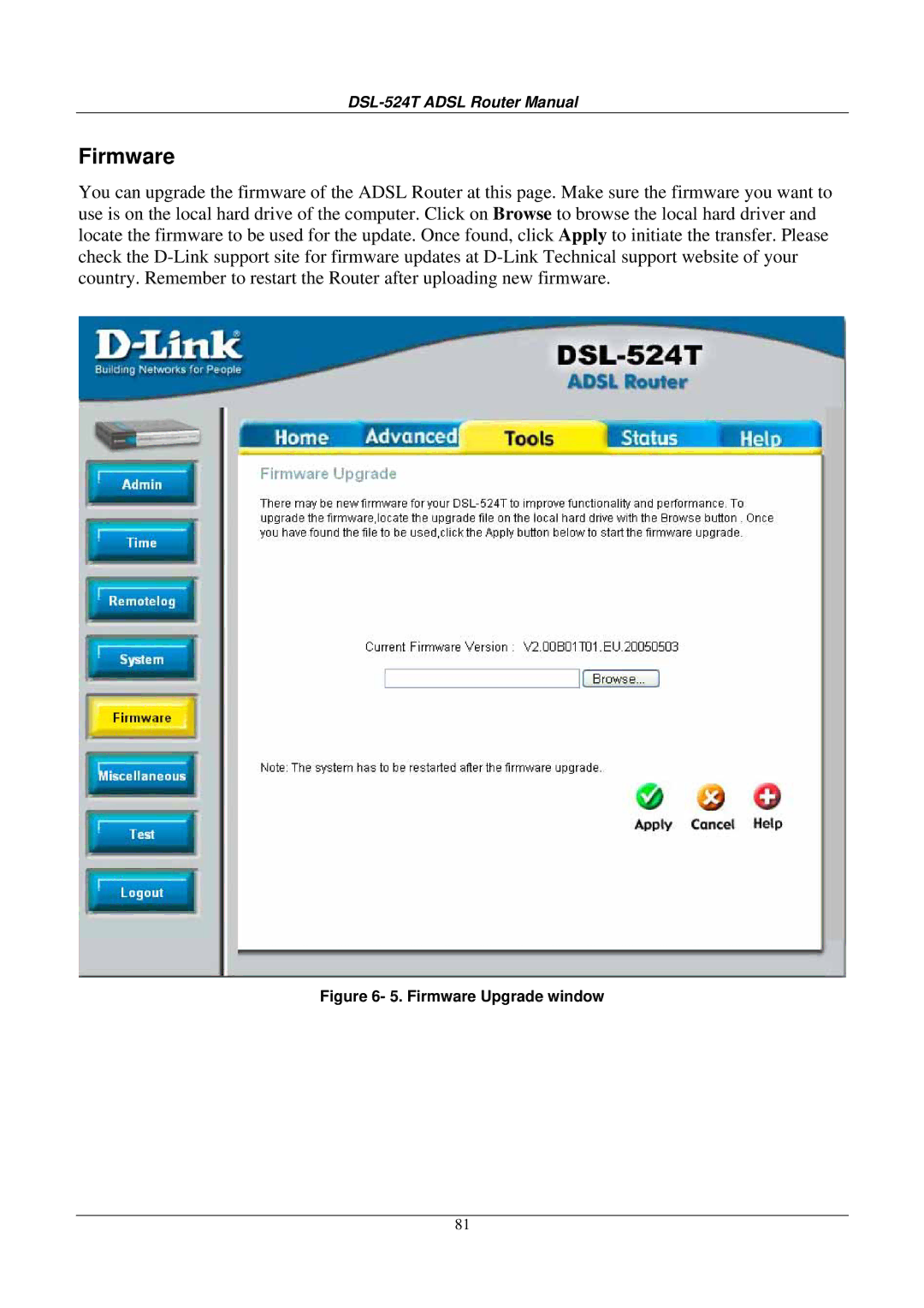 D-Link DSL524T manual Firmware Upgrade window 