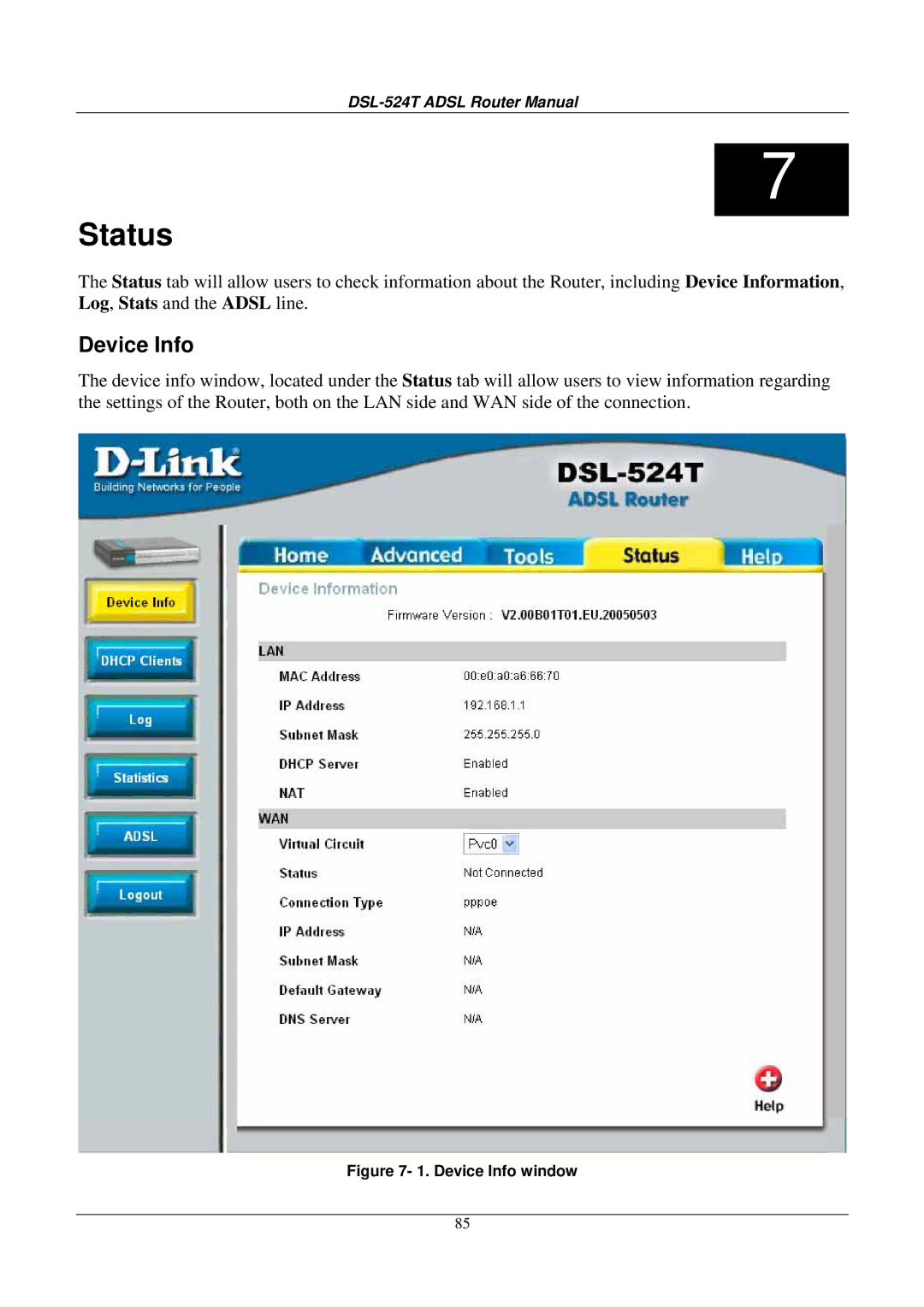 D-Link DSL524T manual Status, Device Info 