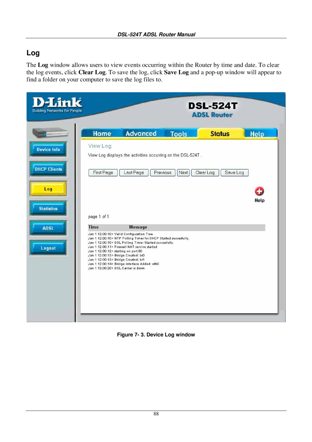 D-Link DSL524T manual Device Log window 