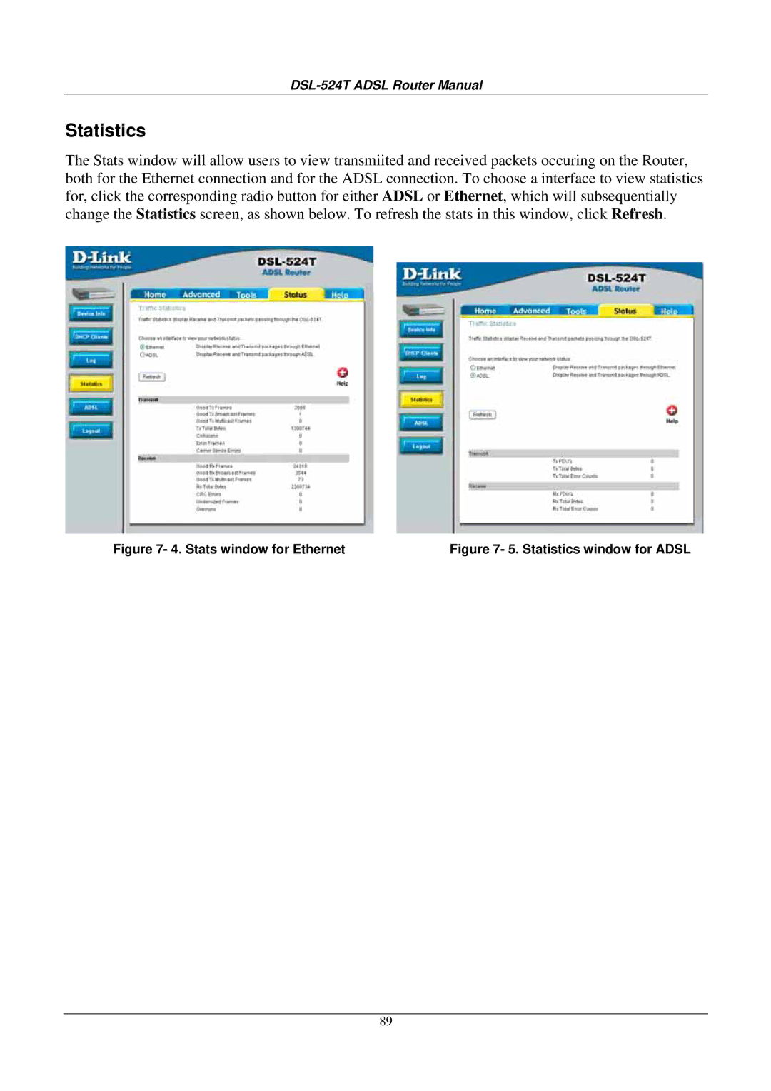 D-Link DSL524T manual Statistics, Stats window for Ethernet 