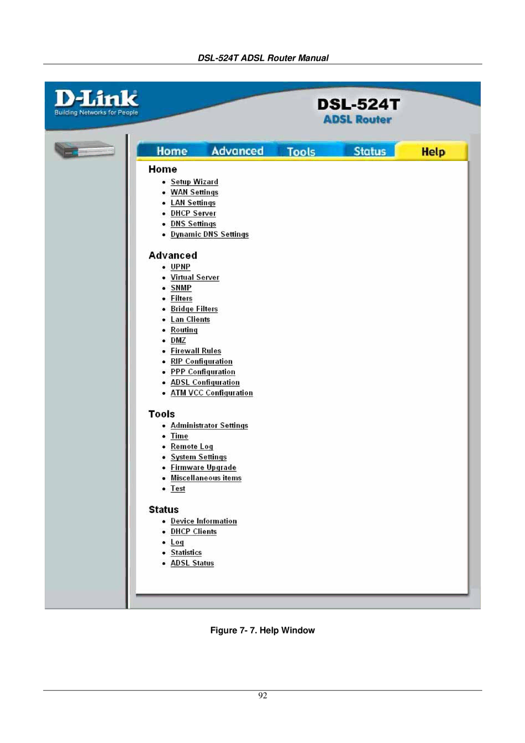 D-Link DSL524T manual Help Window 