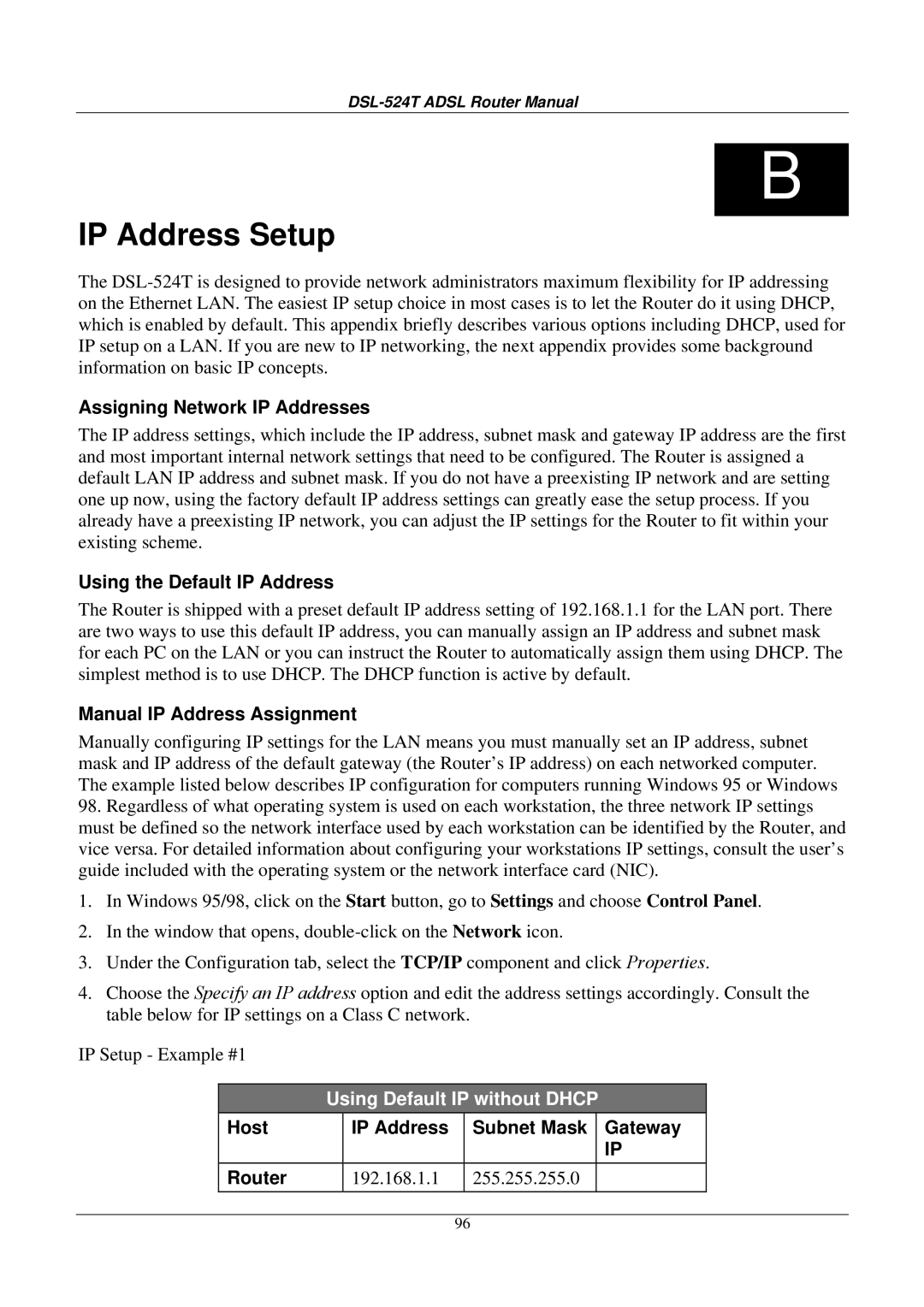 D-Link DSL524T manual IP Address Setup, Assigning Network IP Addresses, Using the Default IP Address 