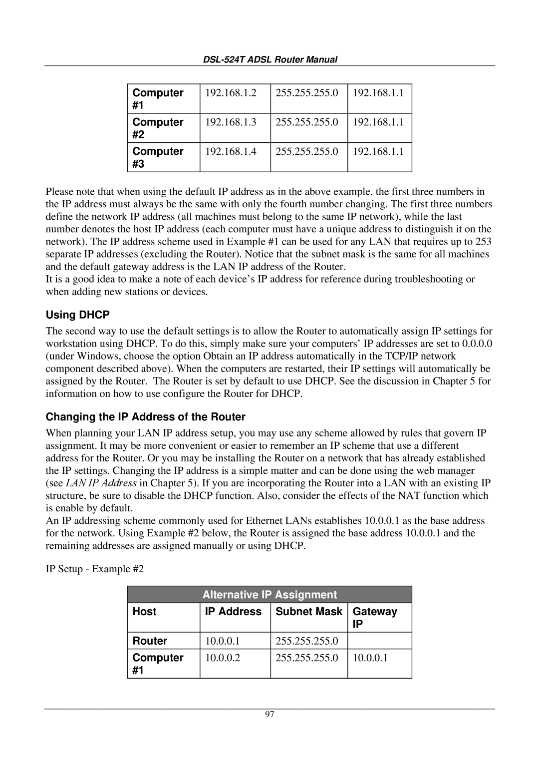 D-Link DSL524T manual Computer, Using Dhcp, Changing the IP Address of the Router 