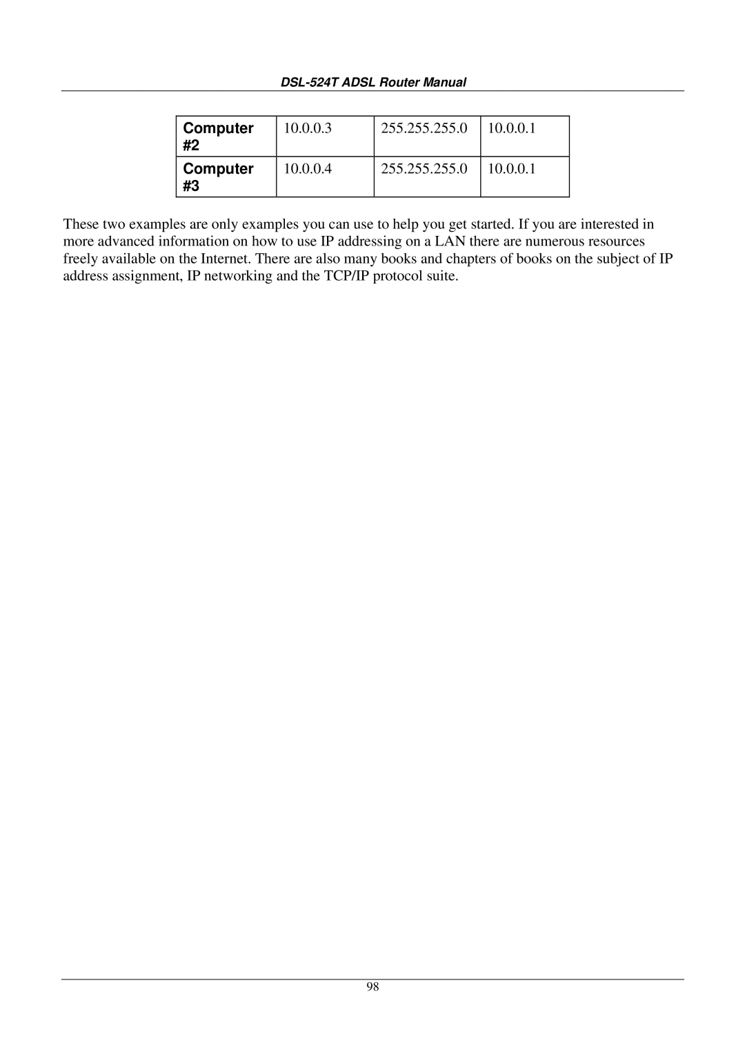 D-Link DSL524T manual 10.0.0.3 255.255.255.0 10.0.0.1 