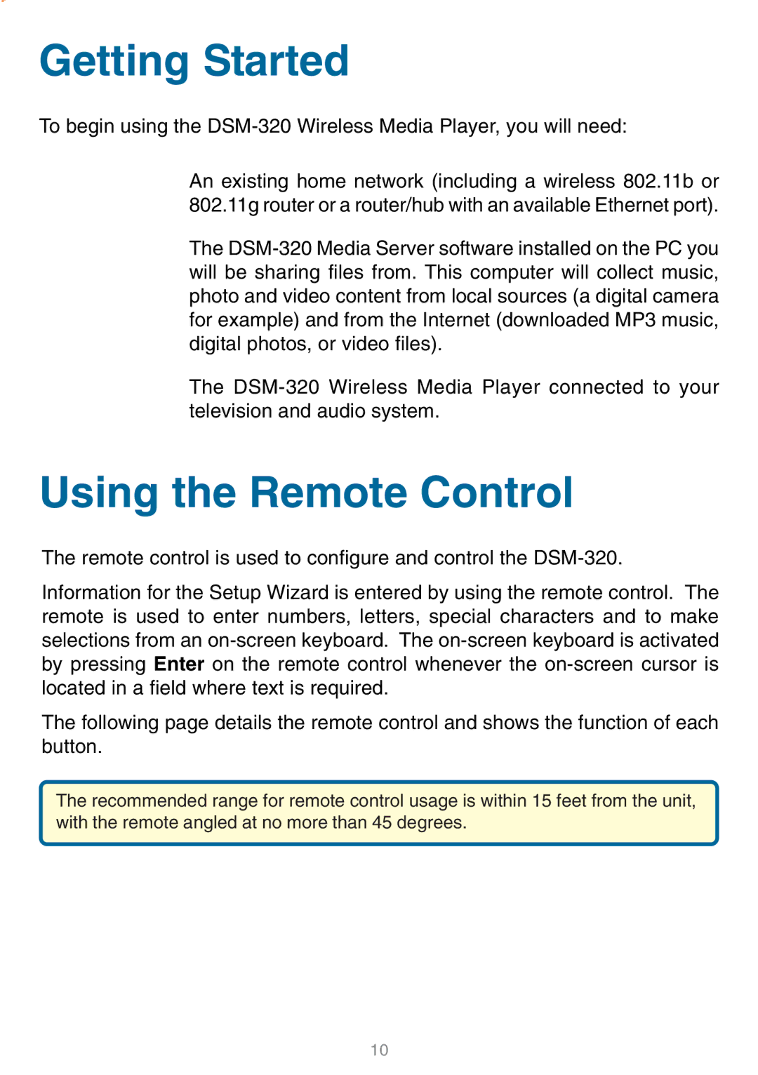 D-Link DSM-320 manual Getting Started, Using the Remote Control 