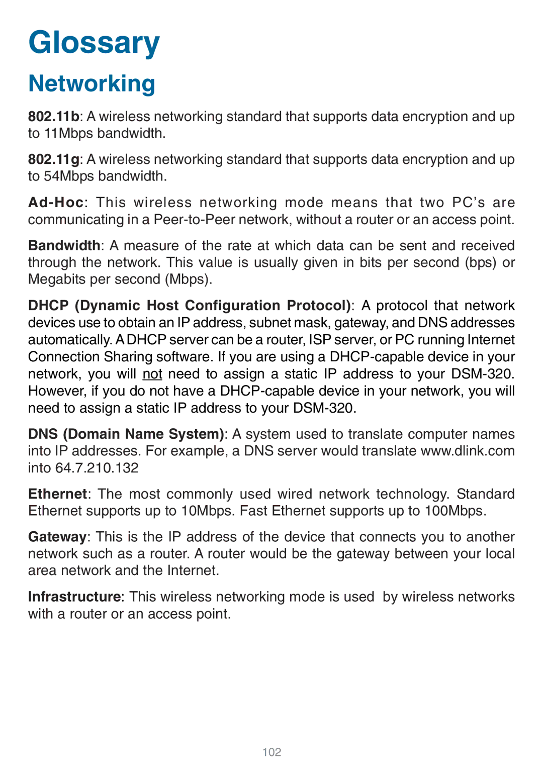 D-Link DSM-320 manual Glossary, Networking 