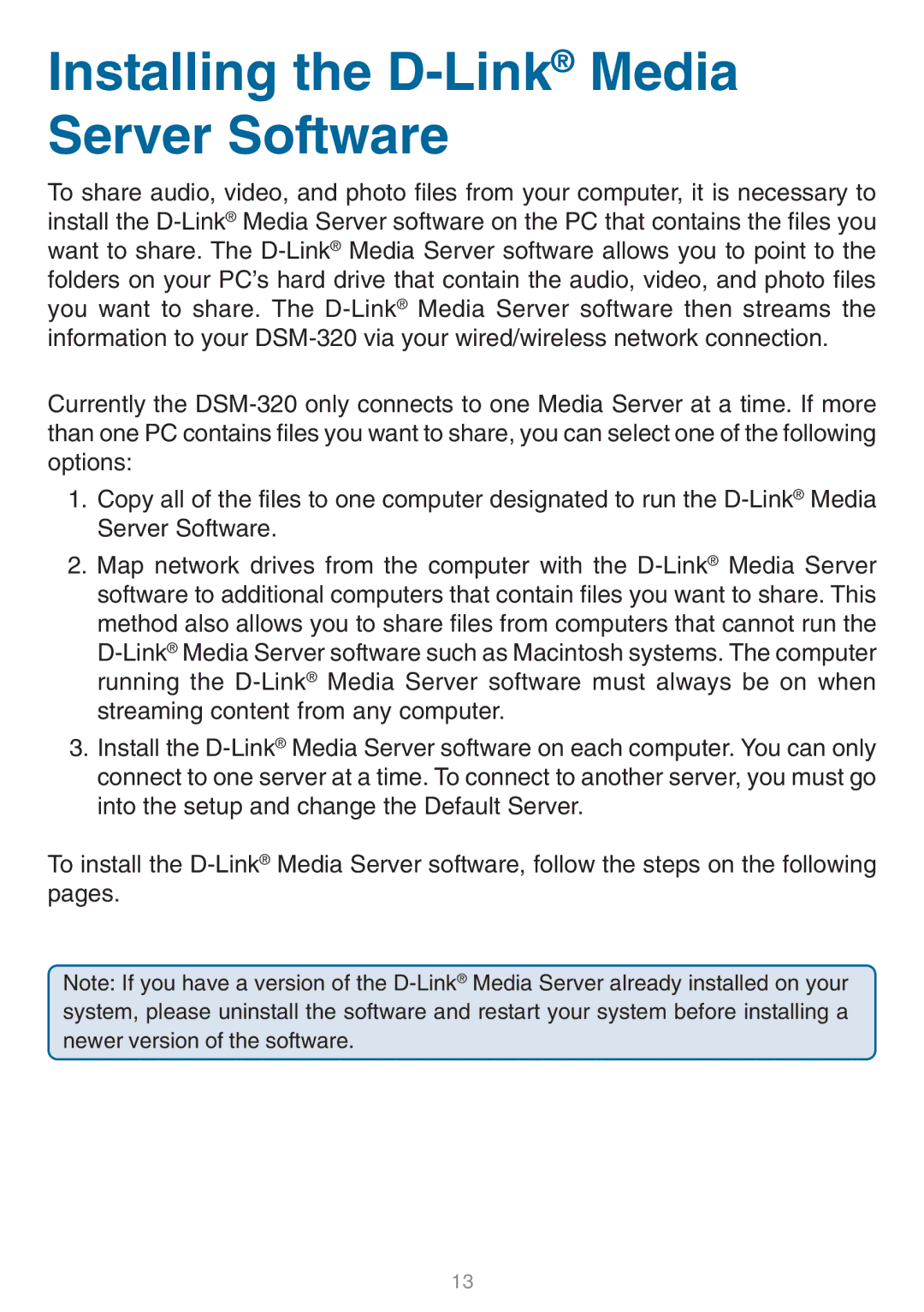 D-Link DSM-320 manual Installing the D-LinkMedia Server Software 