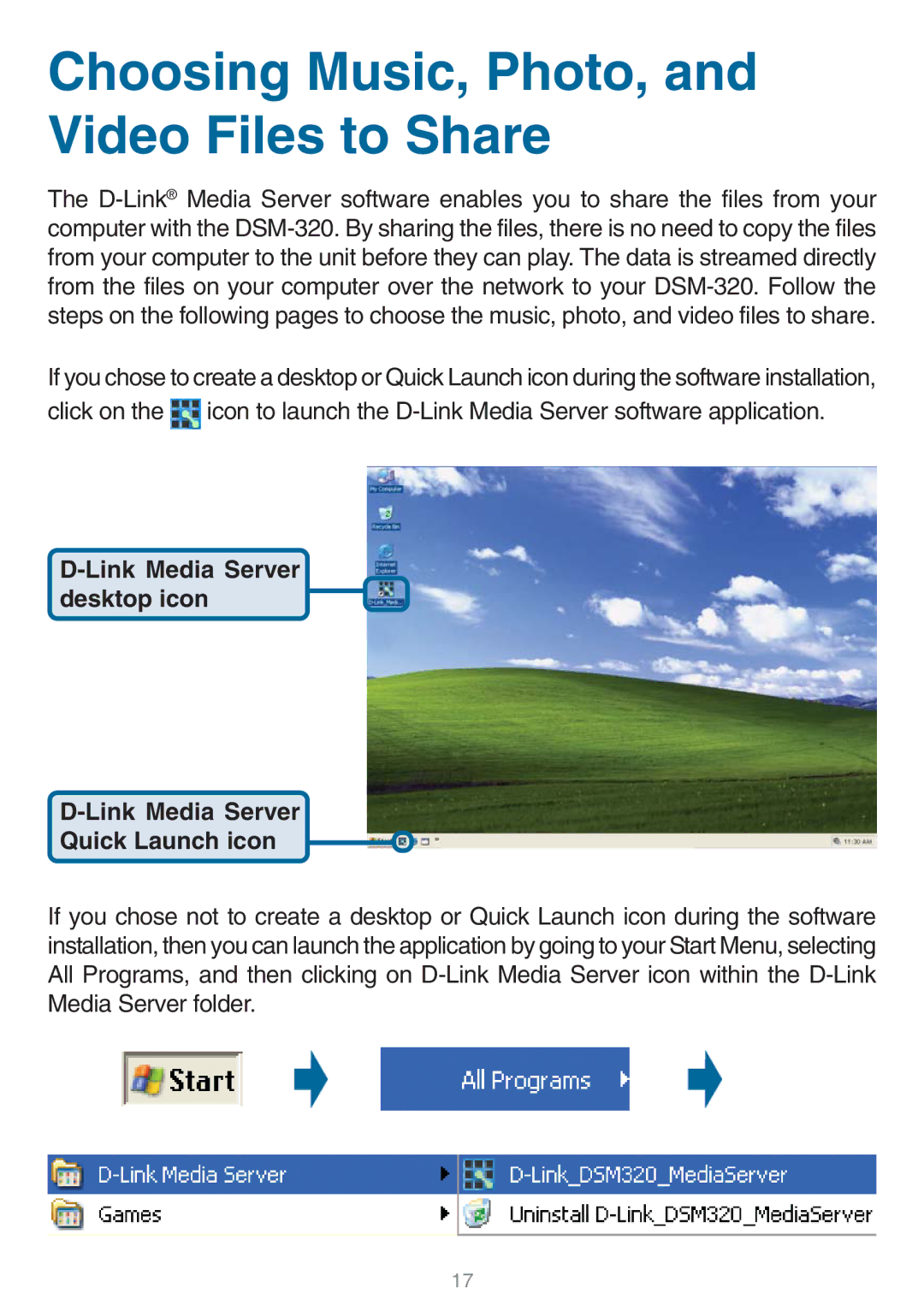 D-Link DSM-320 manual Choosing Music, Photo, and Video Files to Share, Link Media Server desktop icon Quick Launch icon 