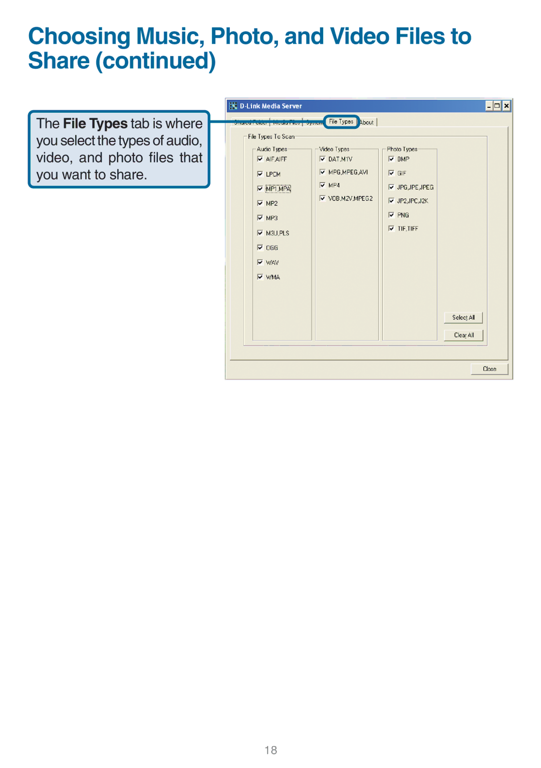 D-Link DSM-320 manual Choosing Music, Photo, and Video Files to Share 