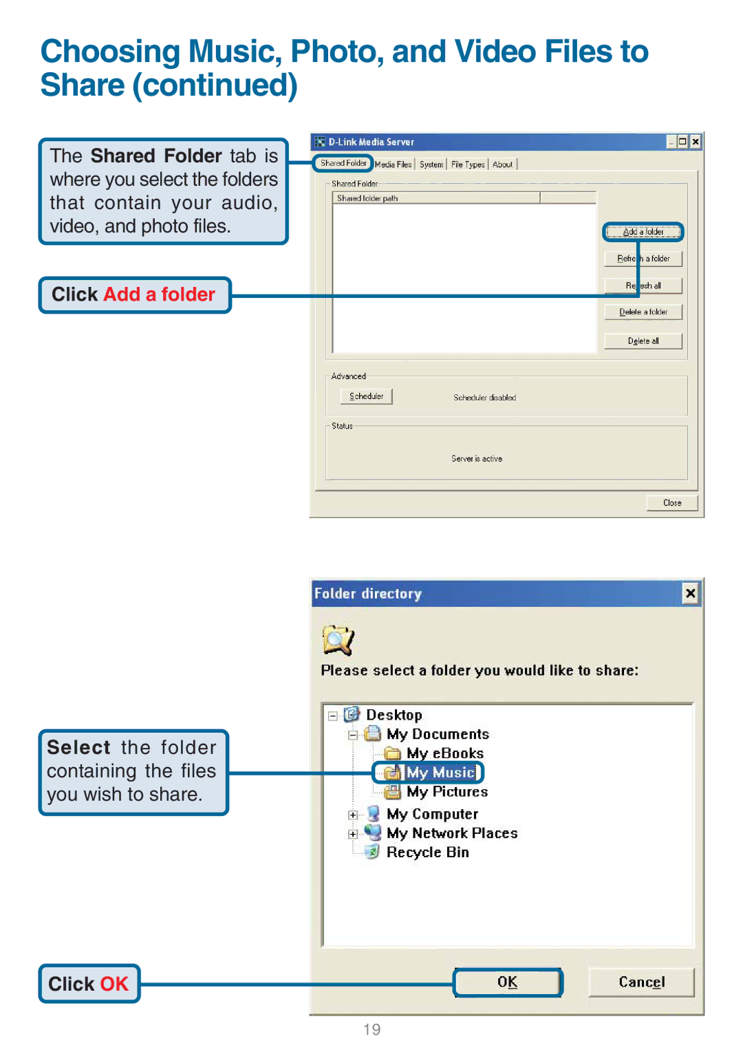 D-Link DSM-320 manual Click Add a folder 